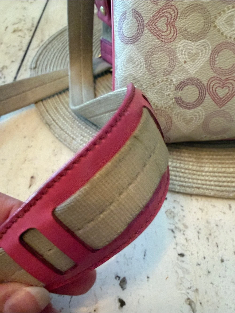 Coach Y2K Waverly Op Art Beige Crossbody with Pink Heart Motif Guitar Strap